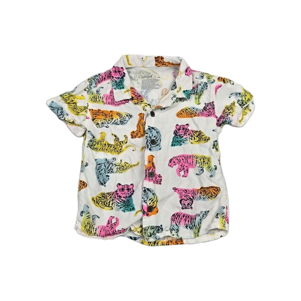 Cat & Jack Toddler 18M Rainbow Tiger Print Short Sleeve Button Down Shirt White